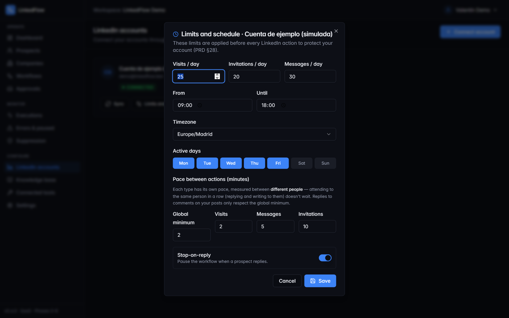 Limits and schedule dialog for an account