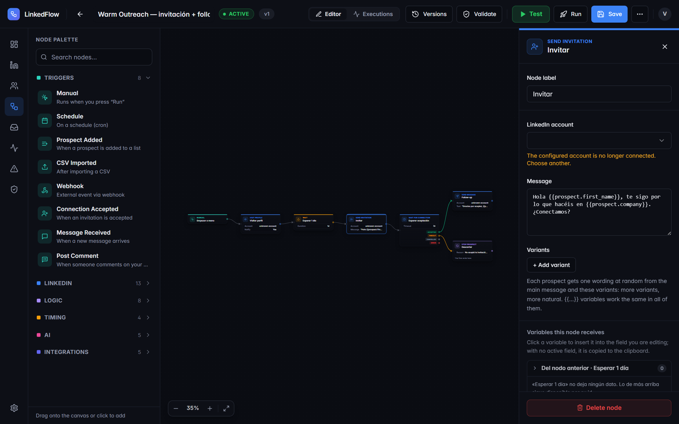 Configuration panel for an invitation node
