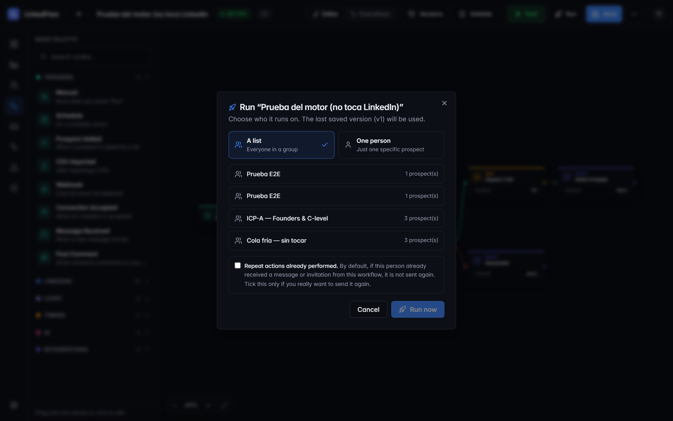Workflow run dialog