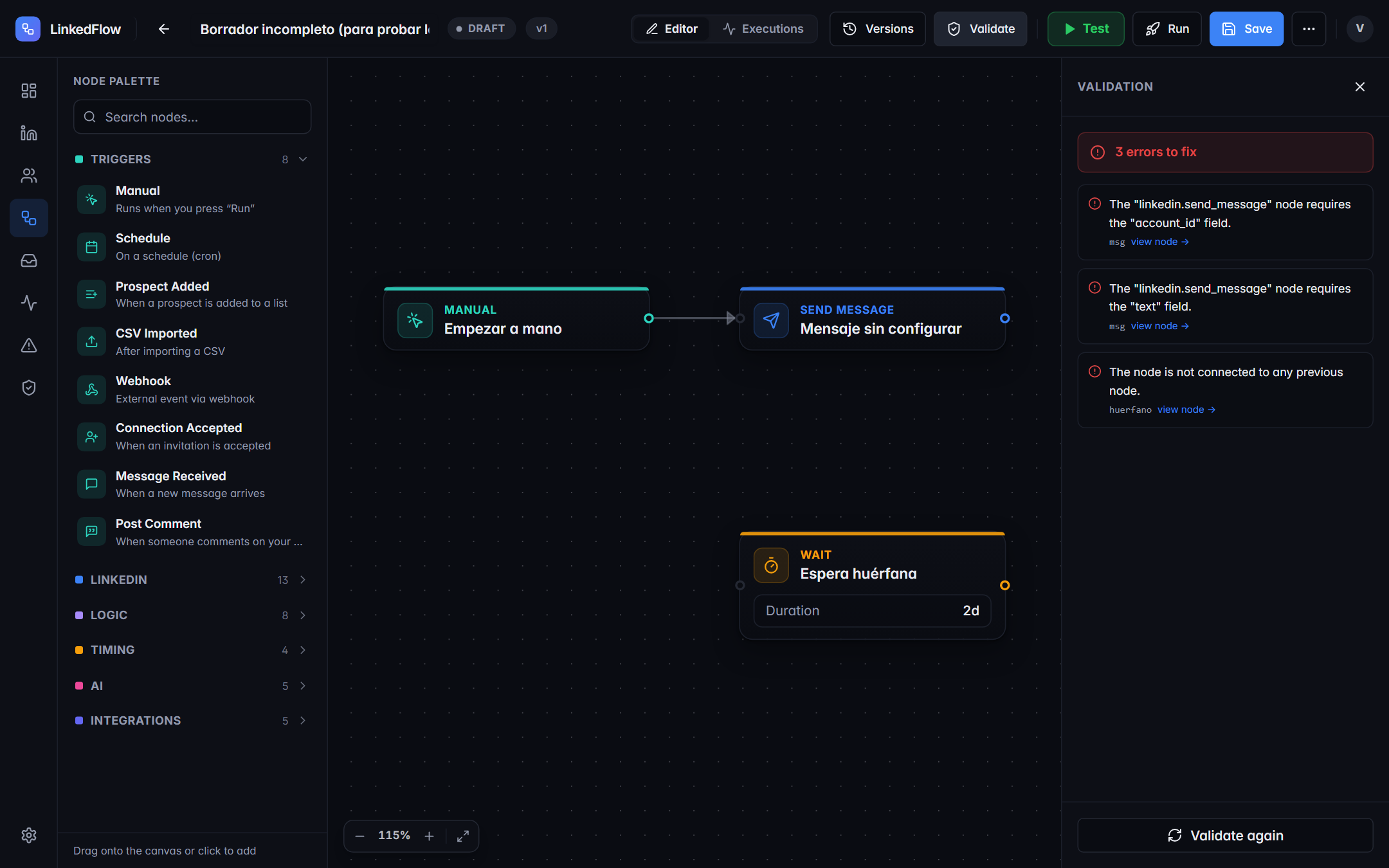 Validation panel with errors highlighted in the example workflow