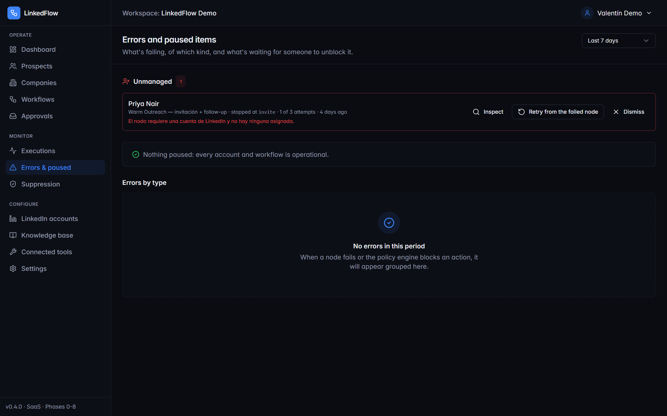Errors and paused items screen