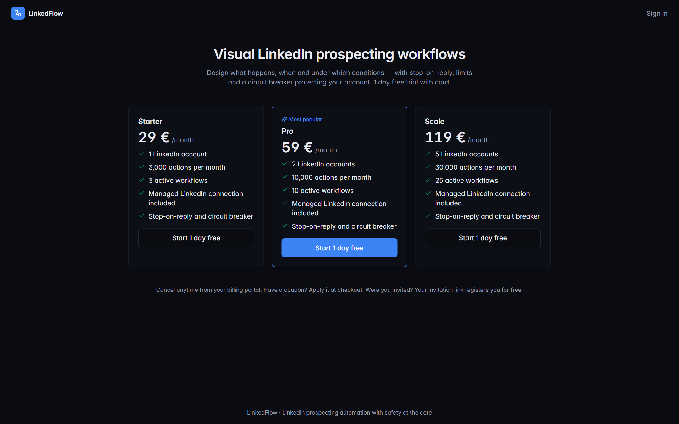 Pricing page with the three plans