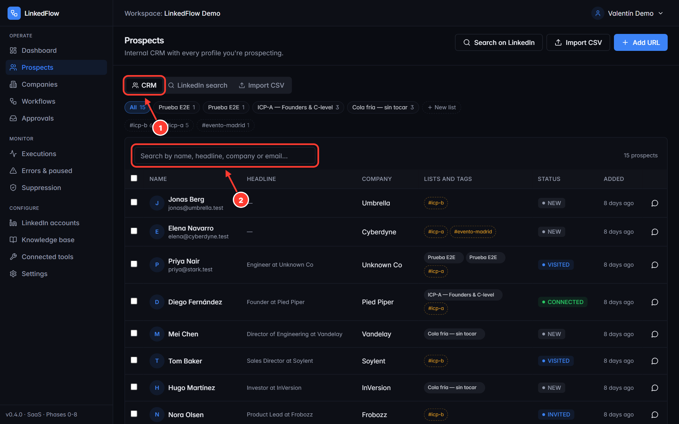 Prospects CRM tab with the tabs and the search box highlighted