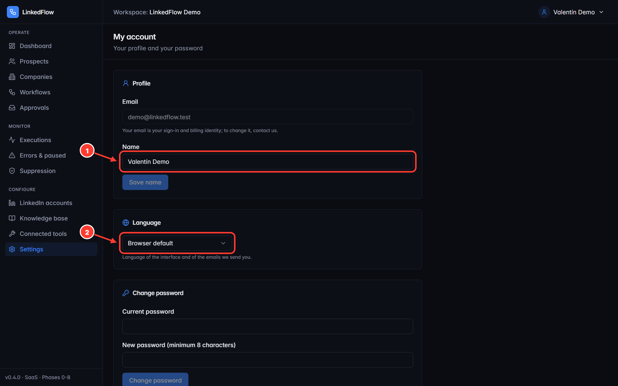 My account: name and language highlighted