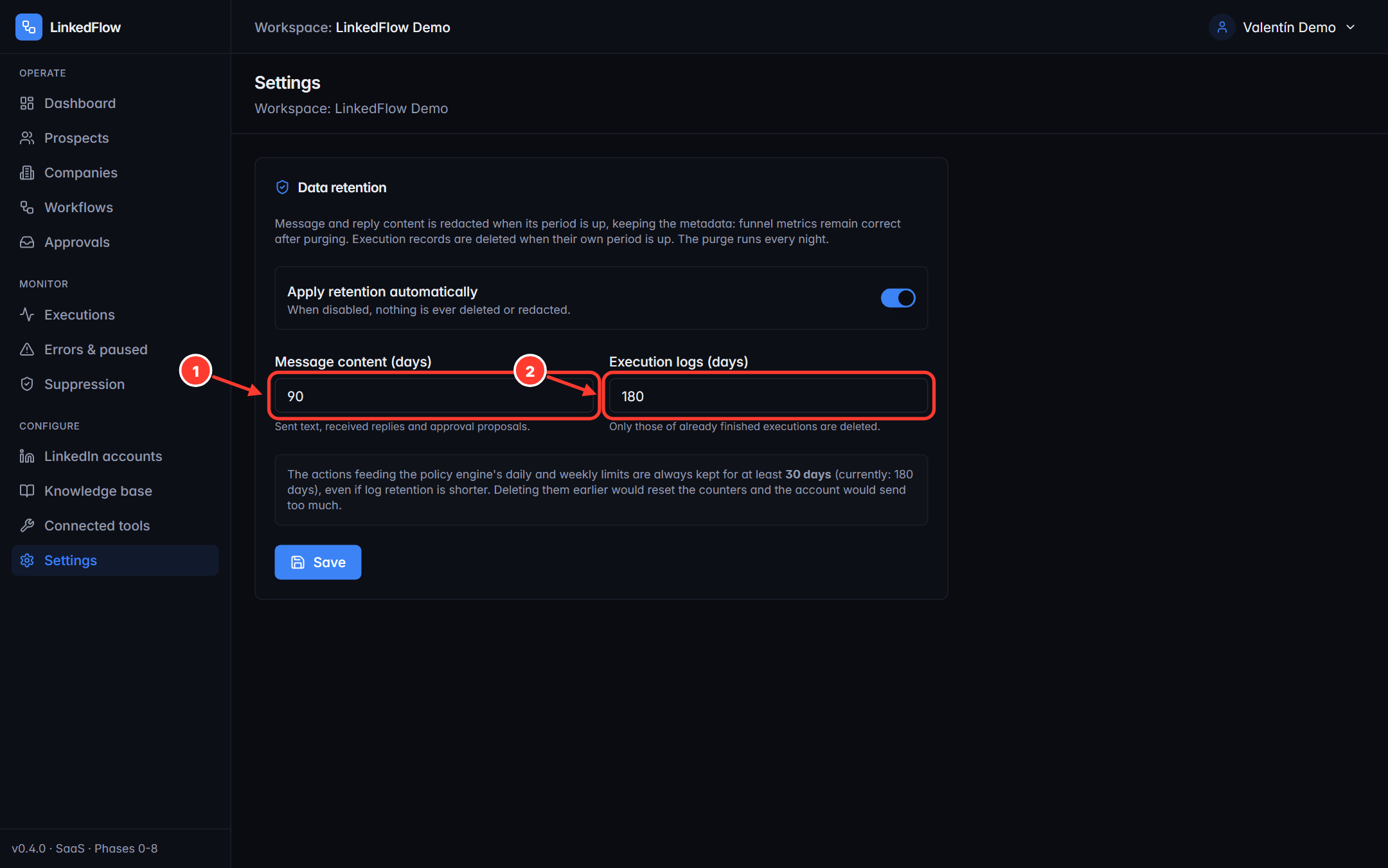 Workspace settings with the retention fields highlighted