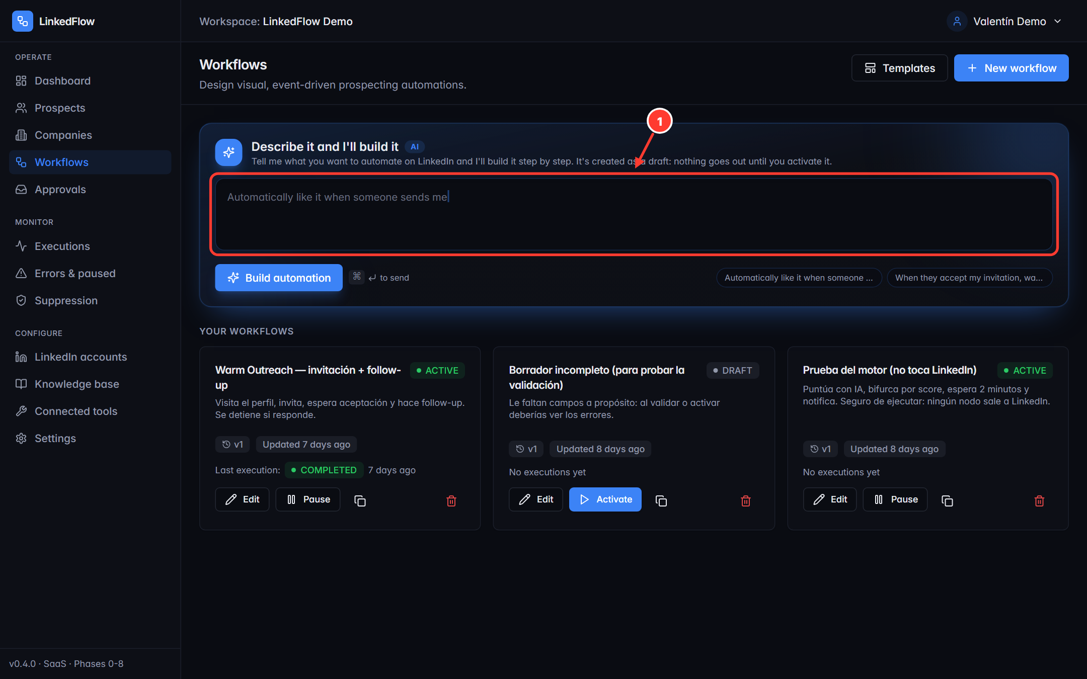 Workflow list with the AI composer highlighted