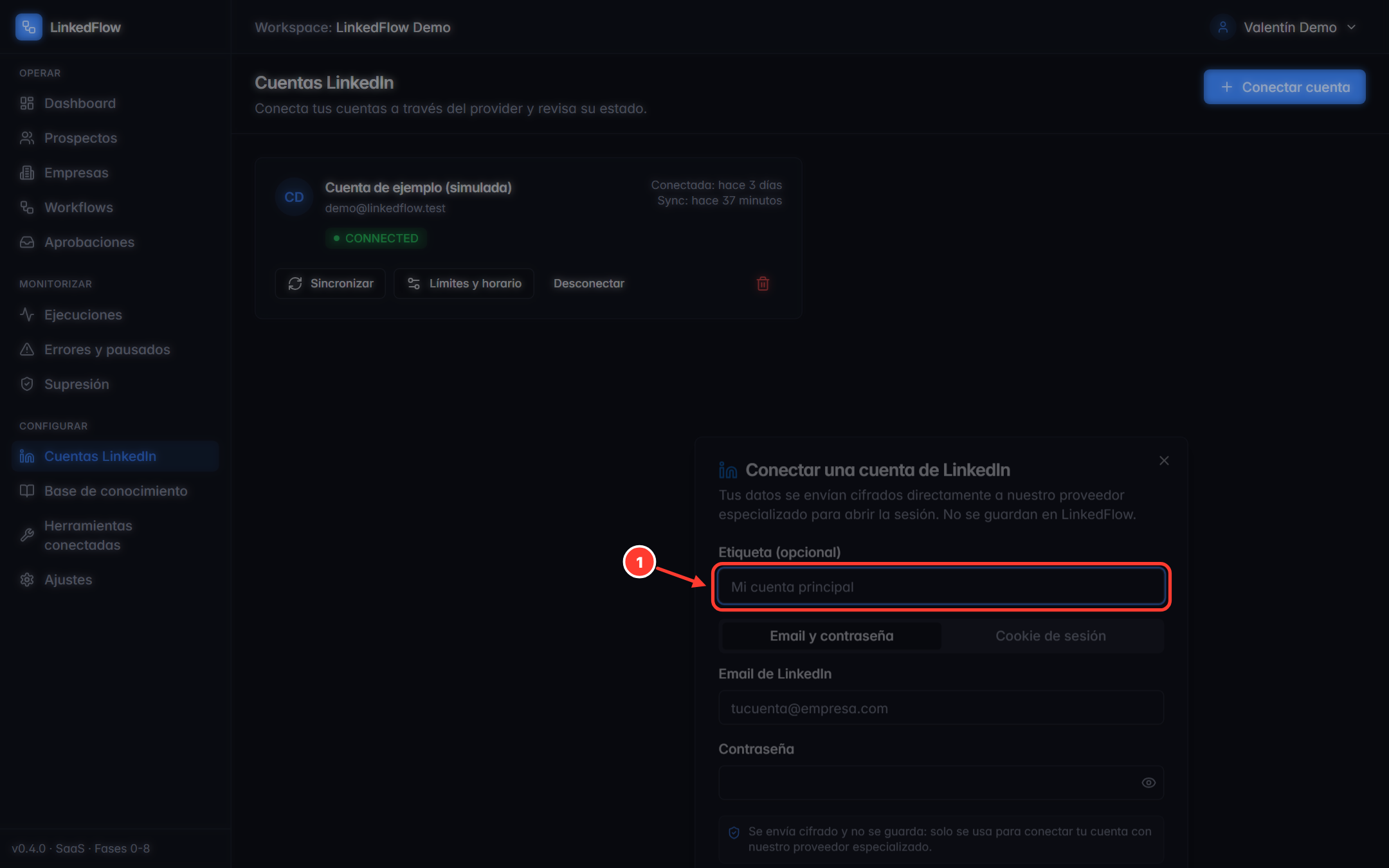 Formulario de conexión dentro de LinkedFlow, con el campo de etiqueta señalado
