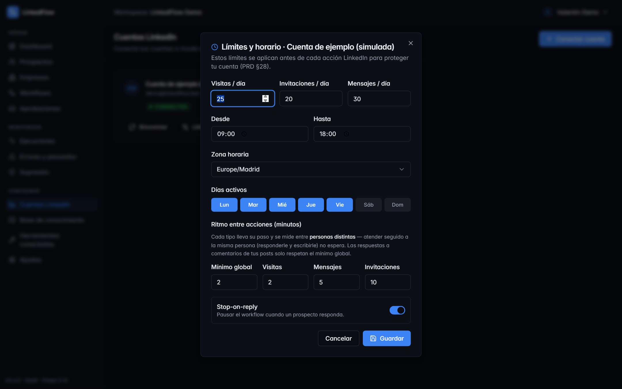 Diálogo de límites y horario de una cuenta