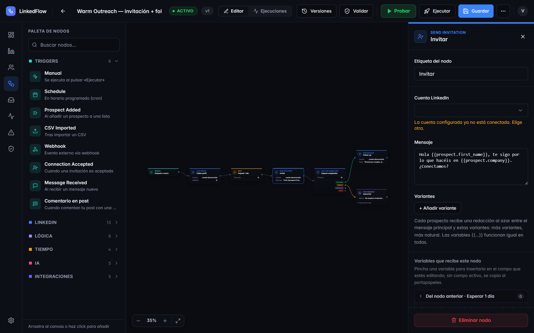 Panel de configuración de un nodo de invitación