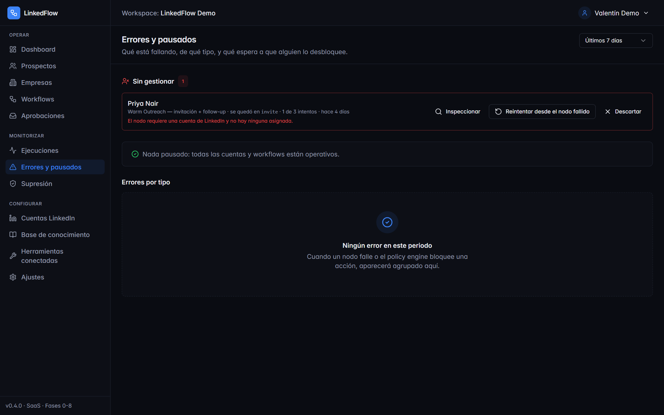 Pantalla de errores y pausados