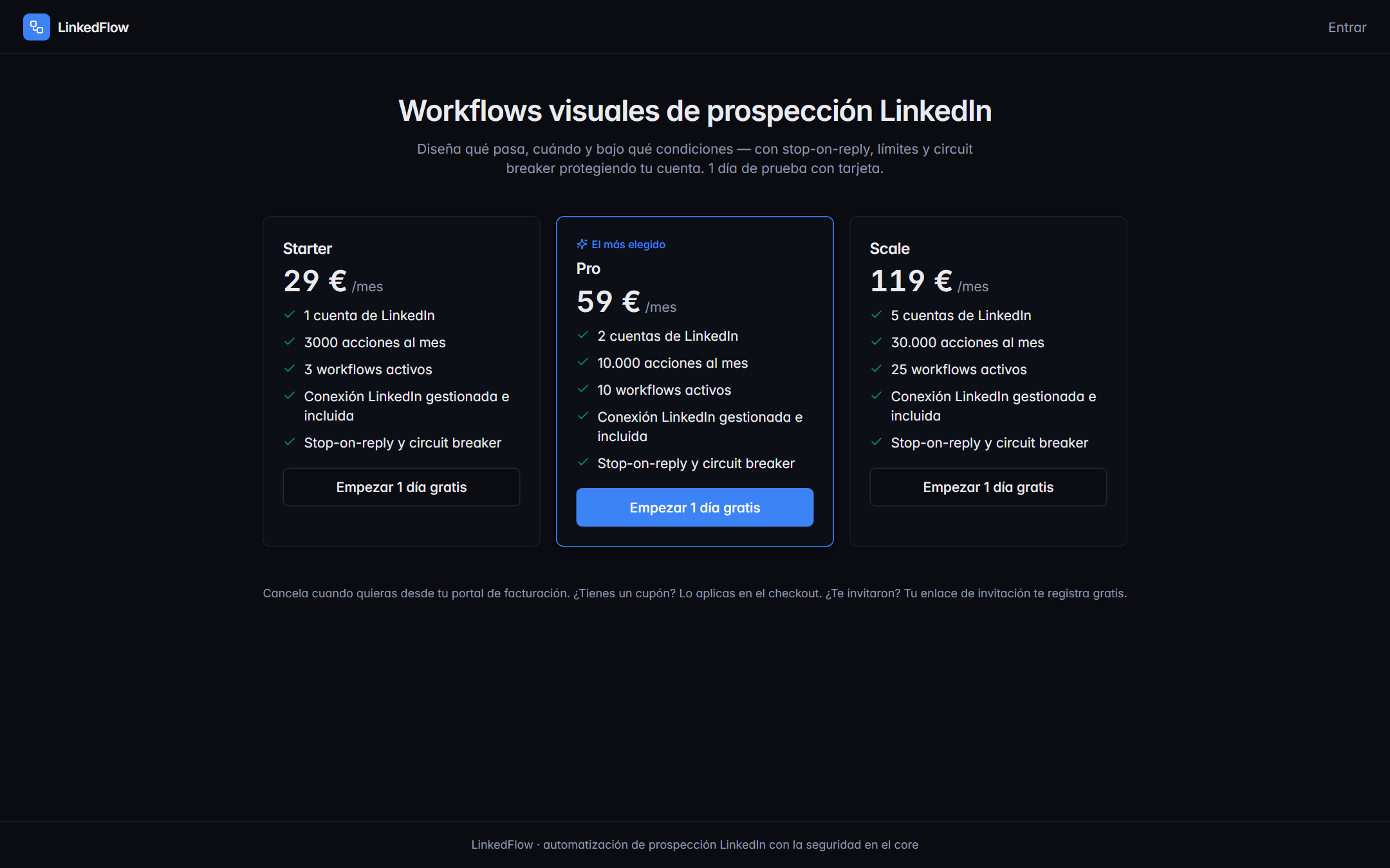 Página de precios con los tres planes