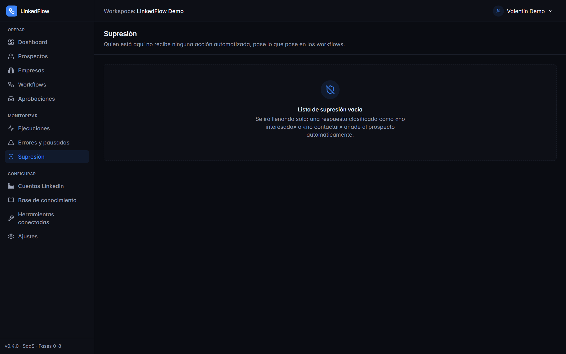 Pantalla de supresión con la tabla de prospectos excluidos