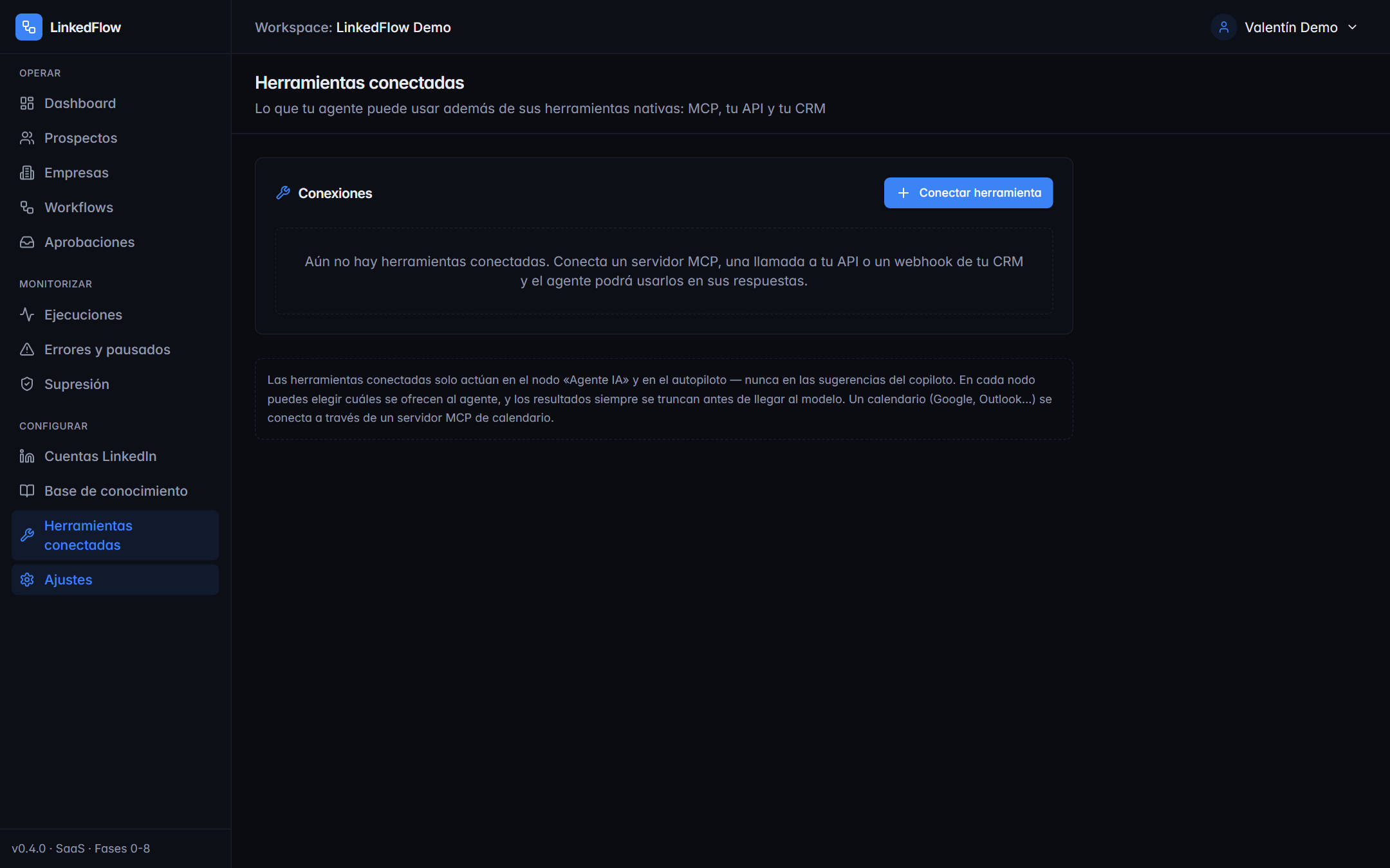 Pantalla de herramientas conectadas