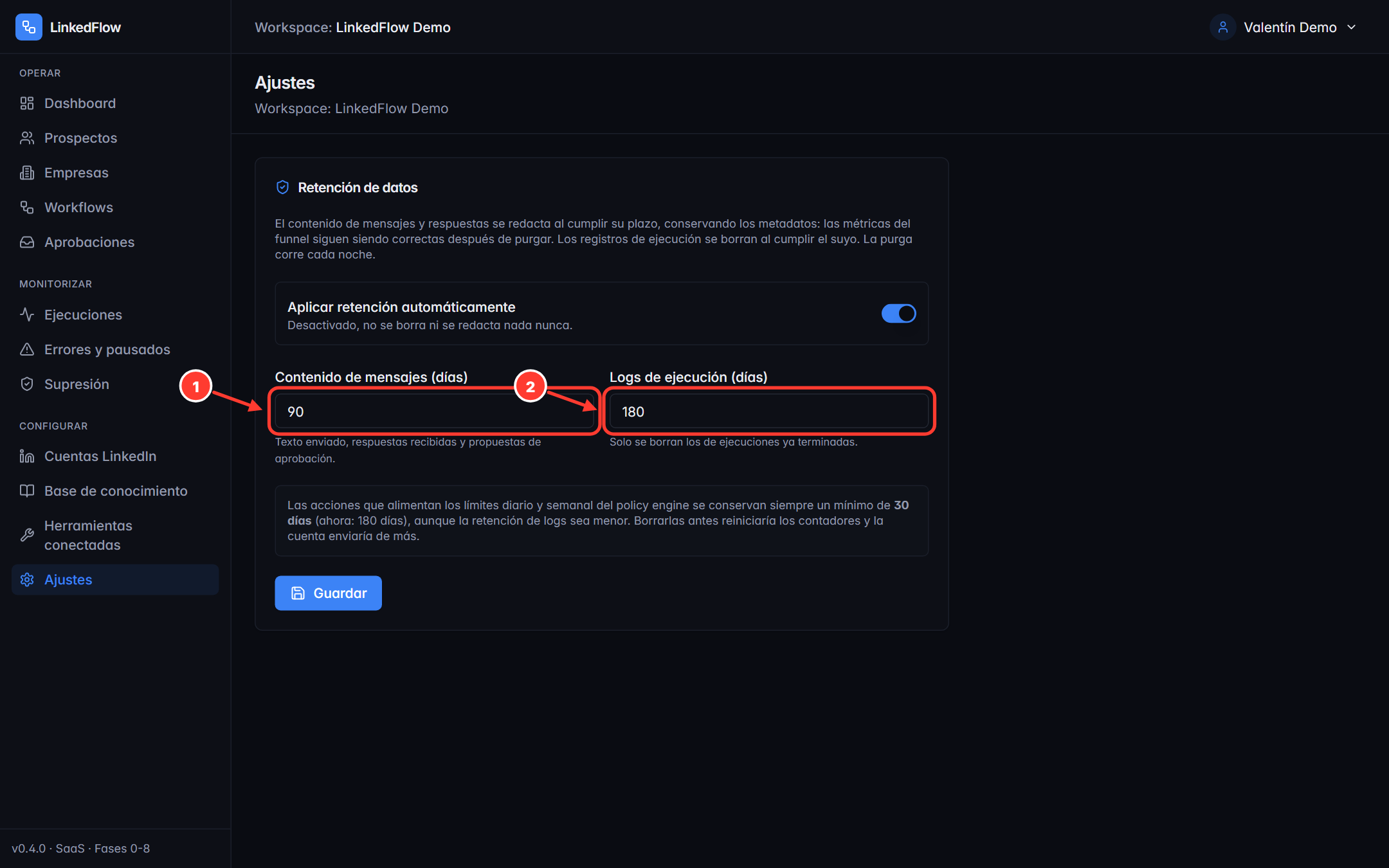 Ajustes del workspace con los campos de retención señalados