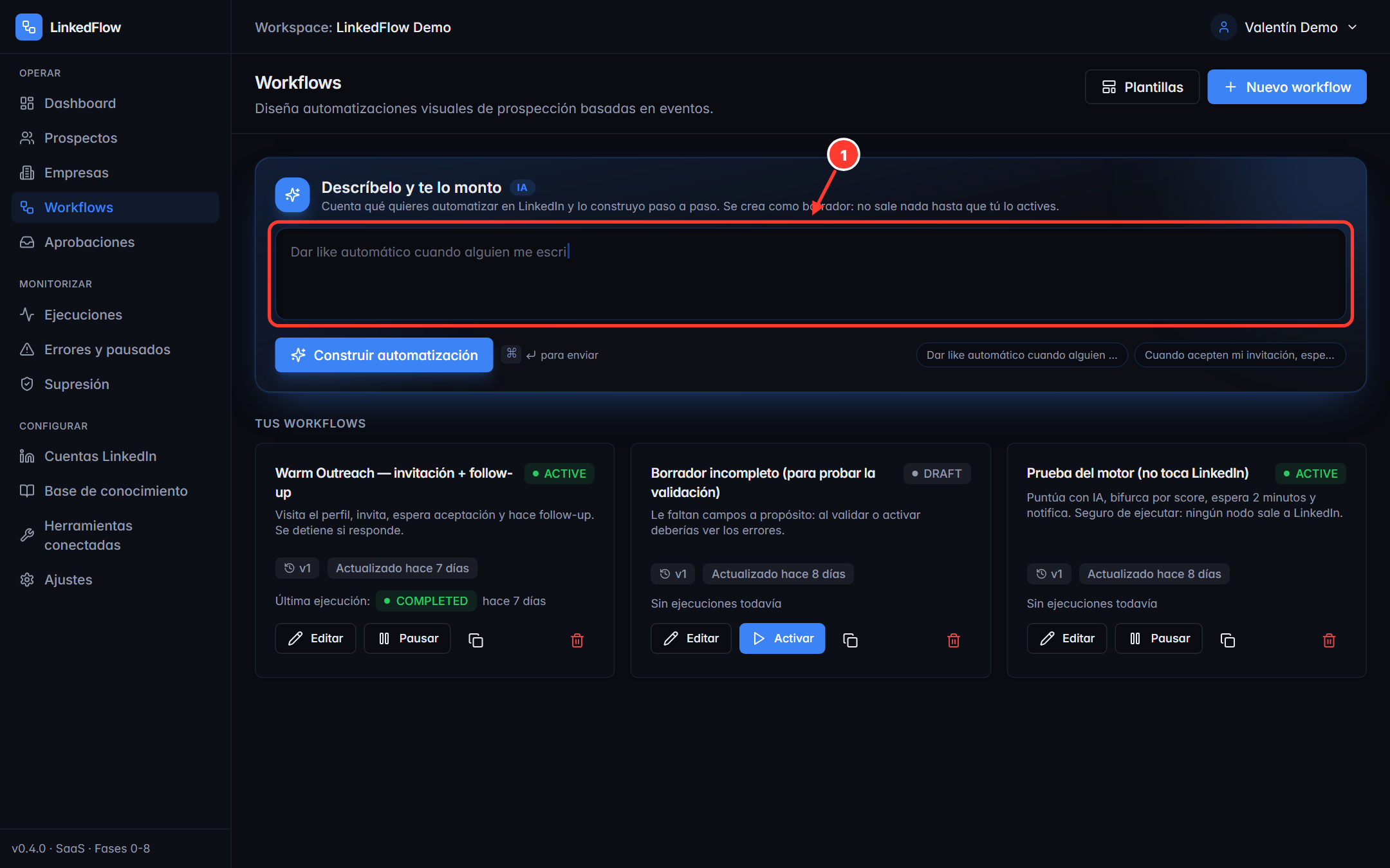 Lista de workflows con el compositor de IA señalado