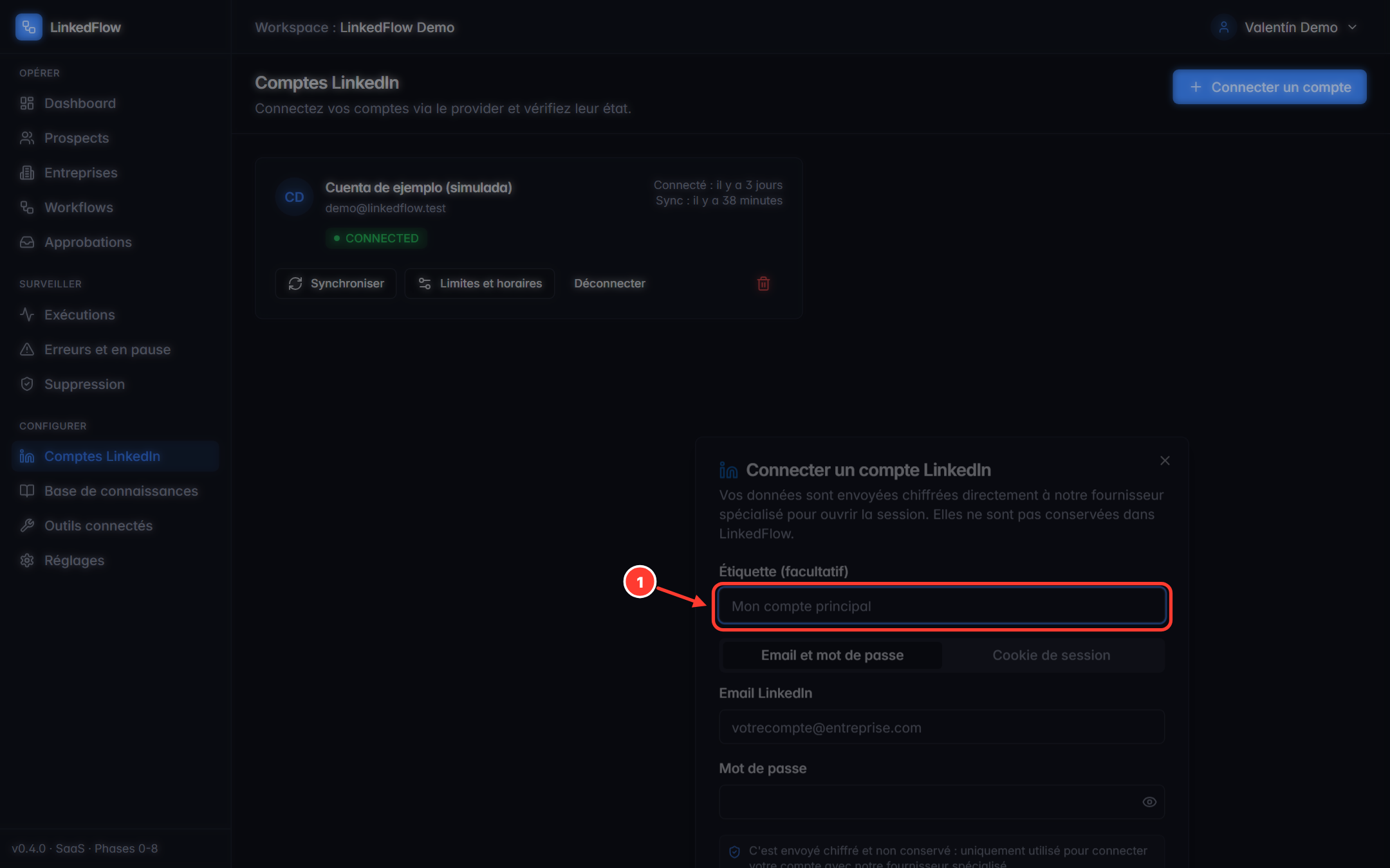 Formulaire de connexion dans LinkedFlow, avec le champ d’étiquette annoté
