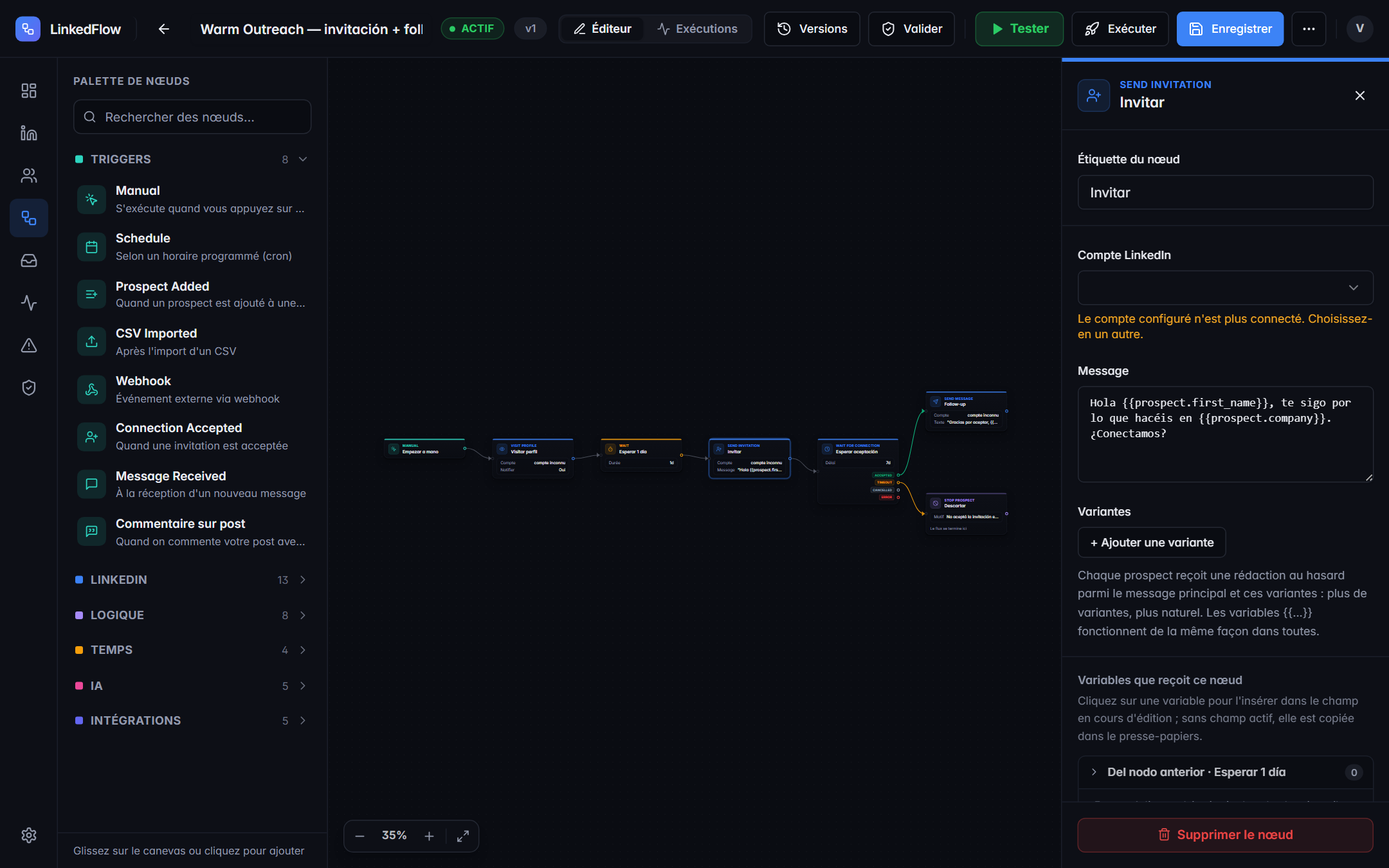 Panneau de configuration d’un nœud d’invitation