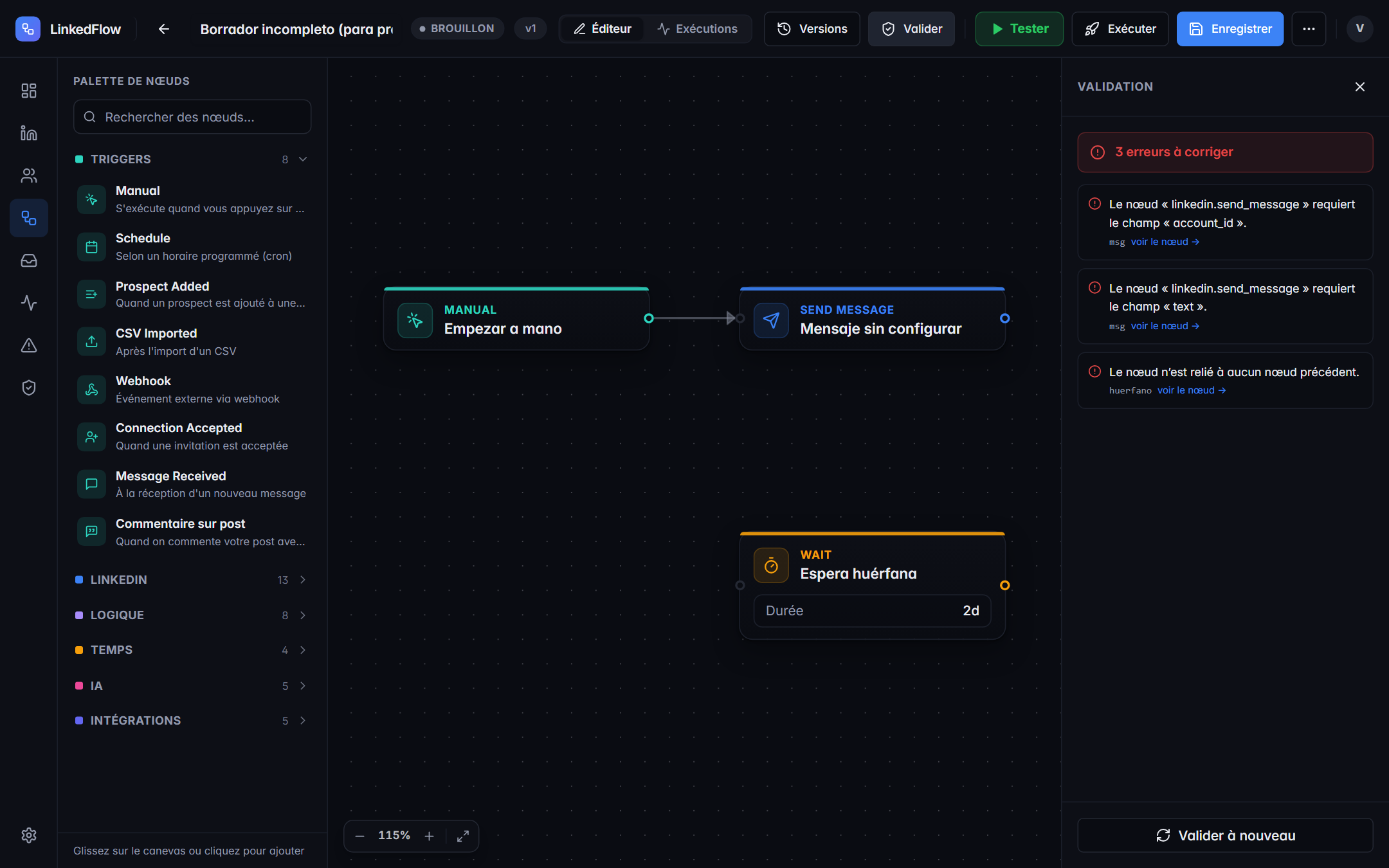 Panneau de validation avec des erreurs signalées sur le workflow d’exemple