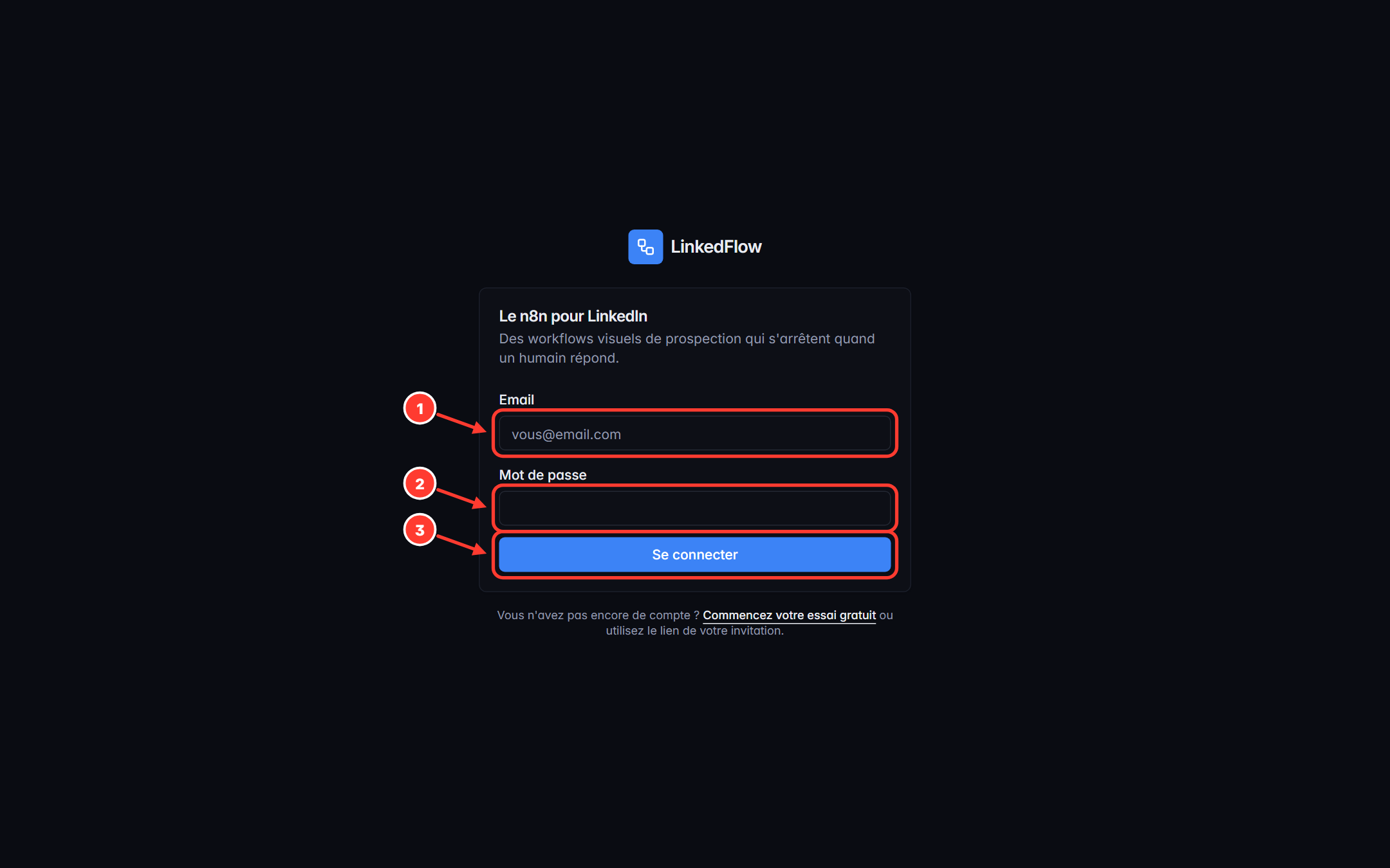 Écran de connexion avec les champs annotés