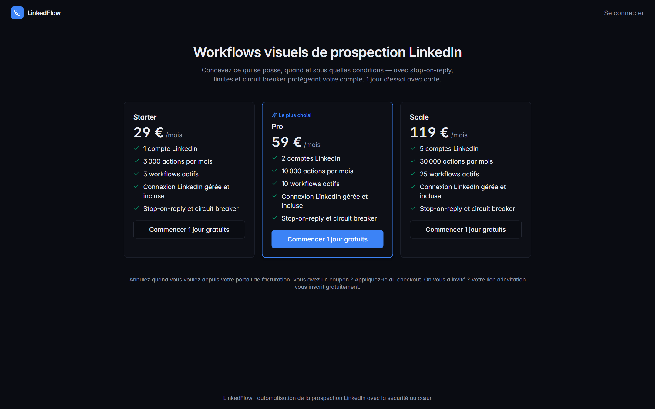 Page des tarifs avec les trois plans
