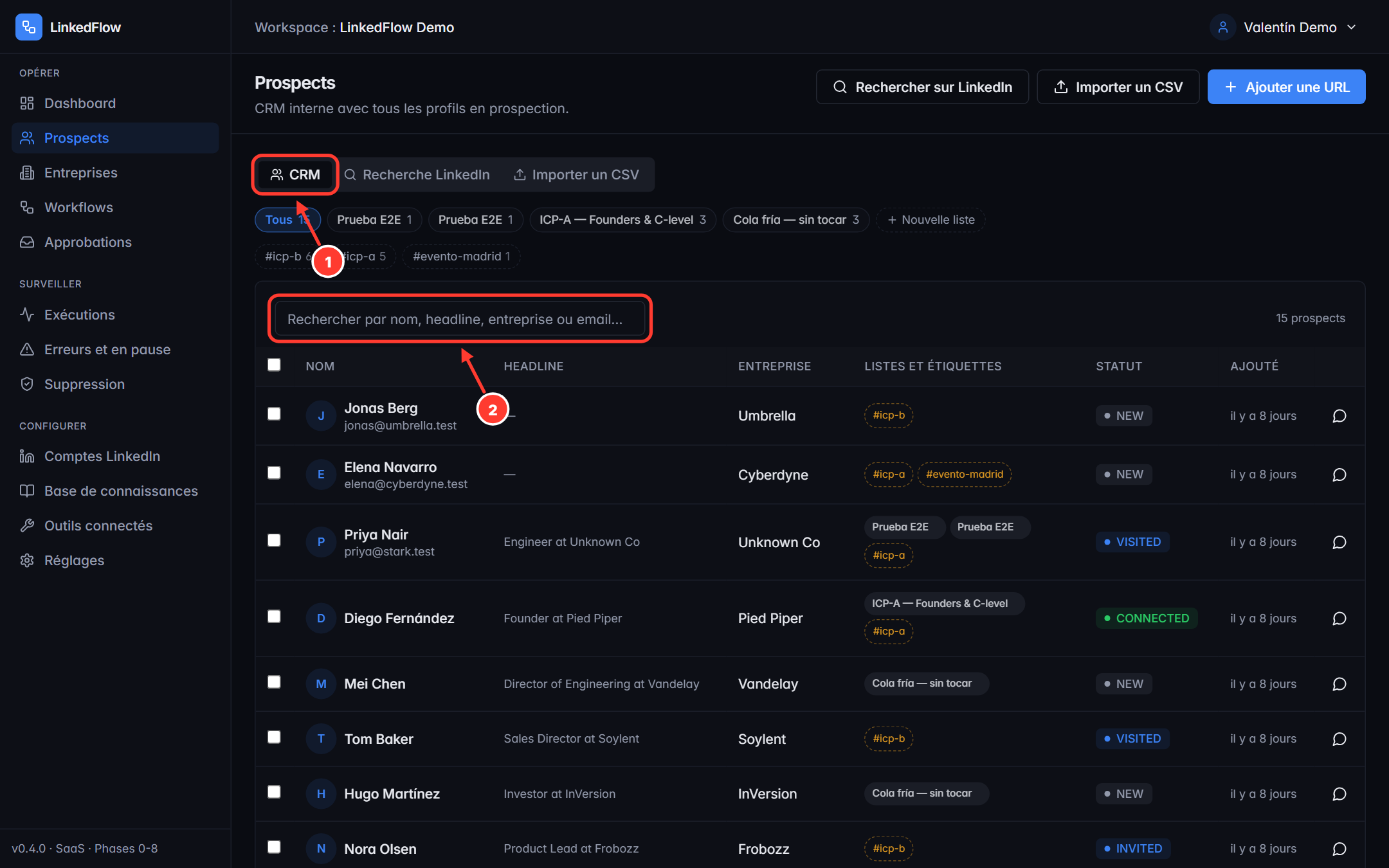Onglet CRM des prospects avec les onglets et le moteur de recherche annotés