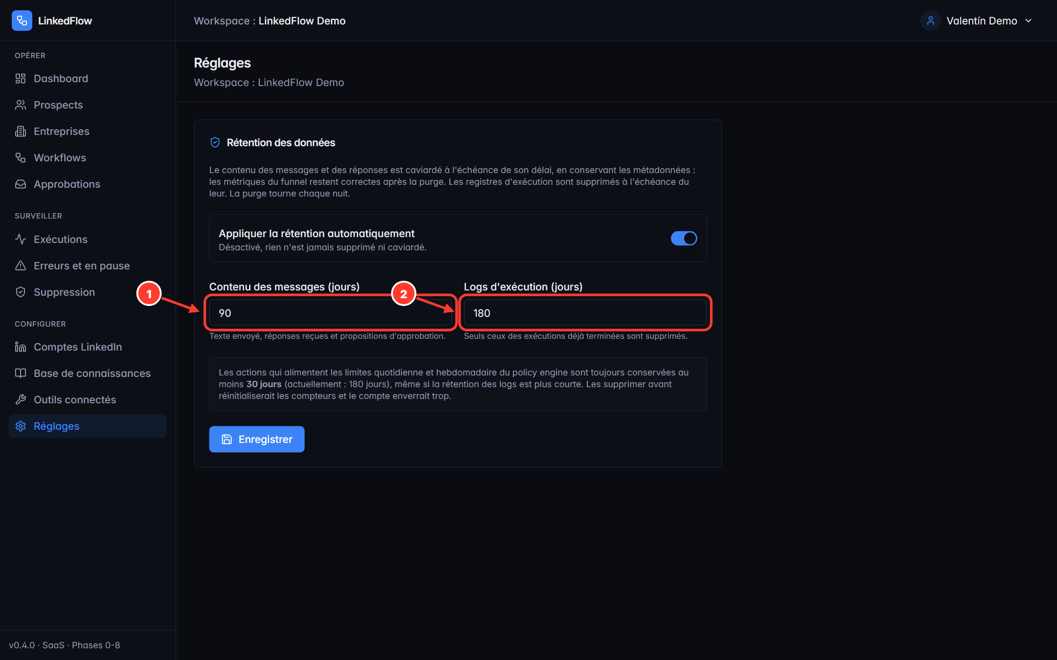 Réglages du workspace avec les champs de rétention annotés