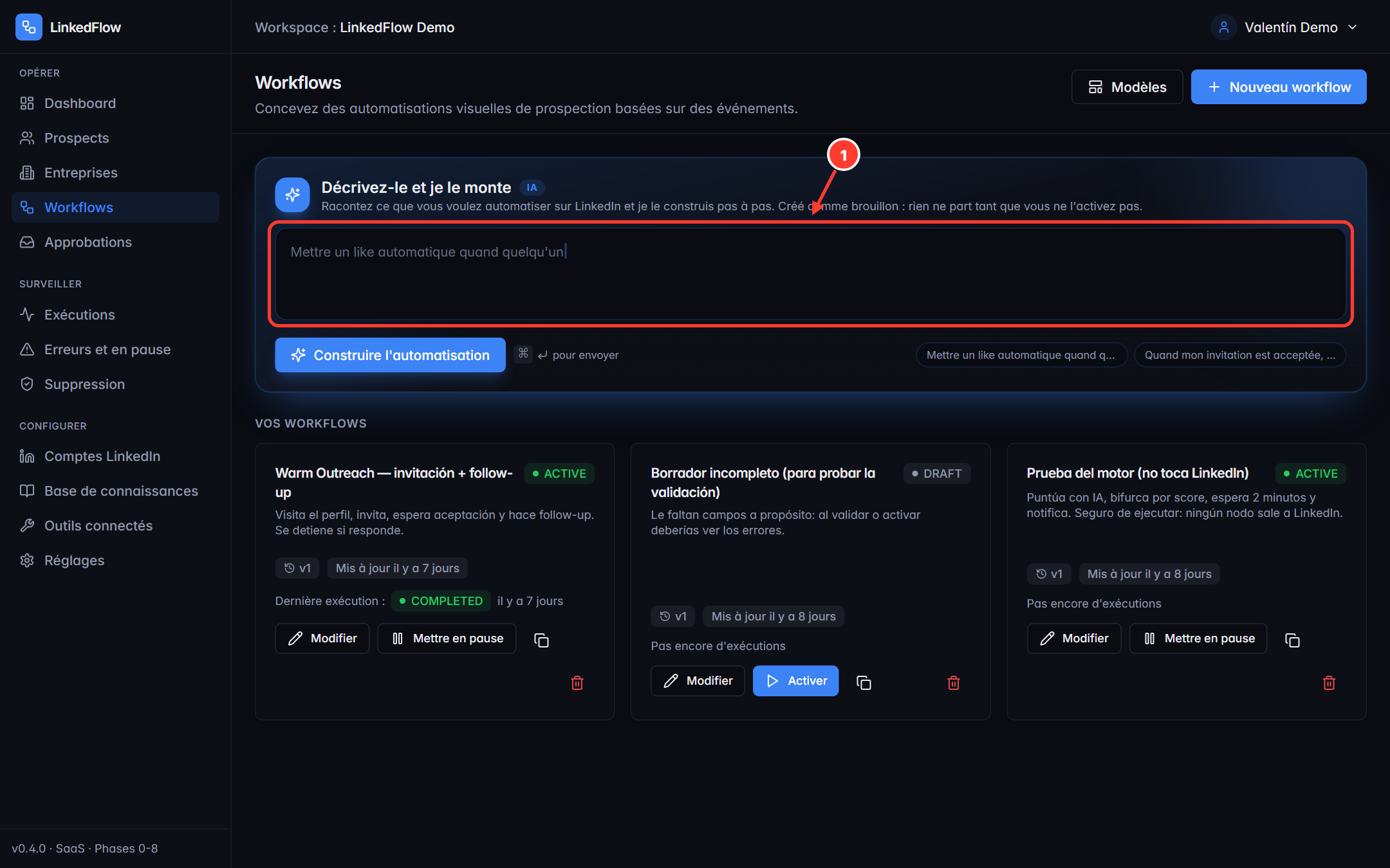 Liste des workflows avec le compositeur IA annoté