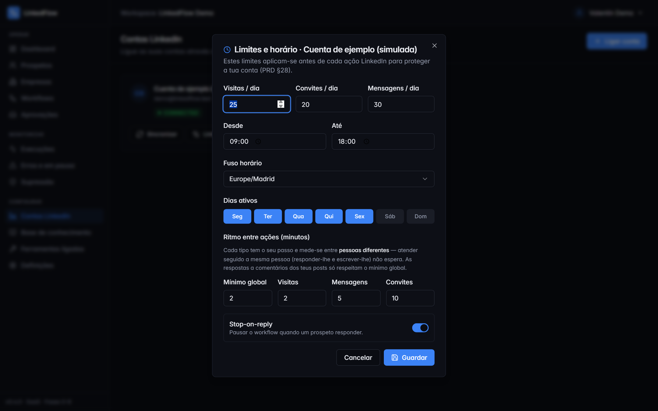 Diálogo de limites e horário de uma conta