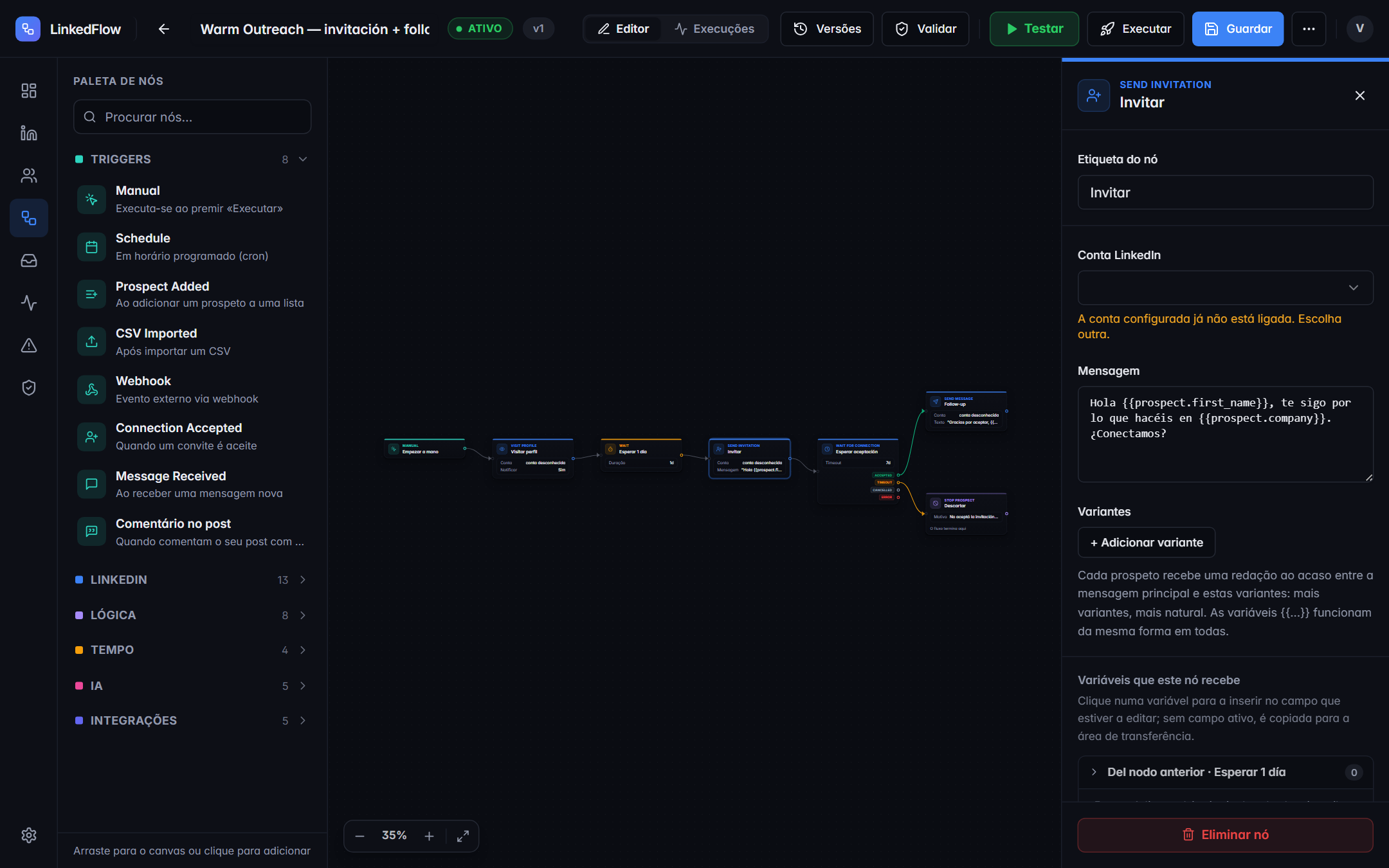 Painel de configuração de um nó de convite