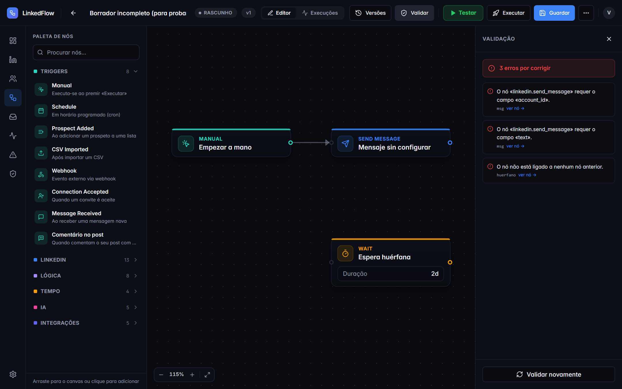 Painel de validação com erros assinalados no workflow de exemplo