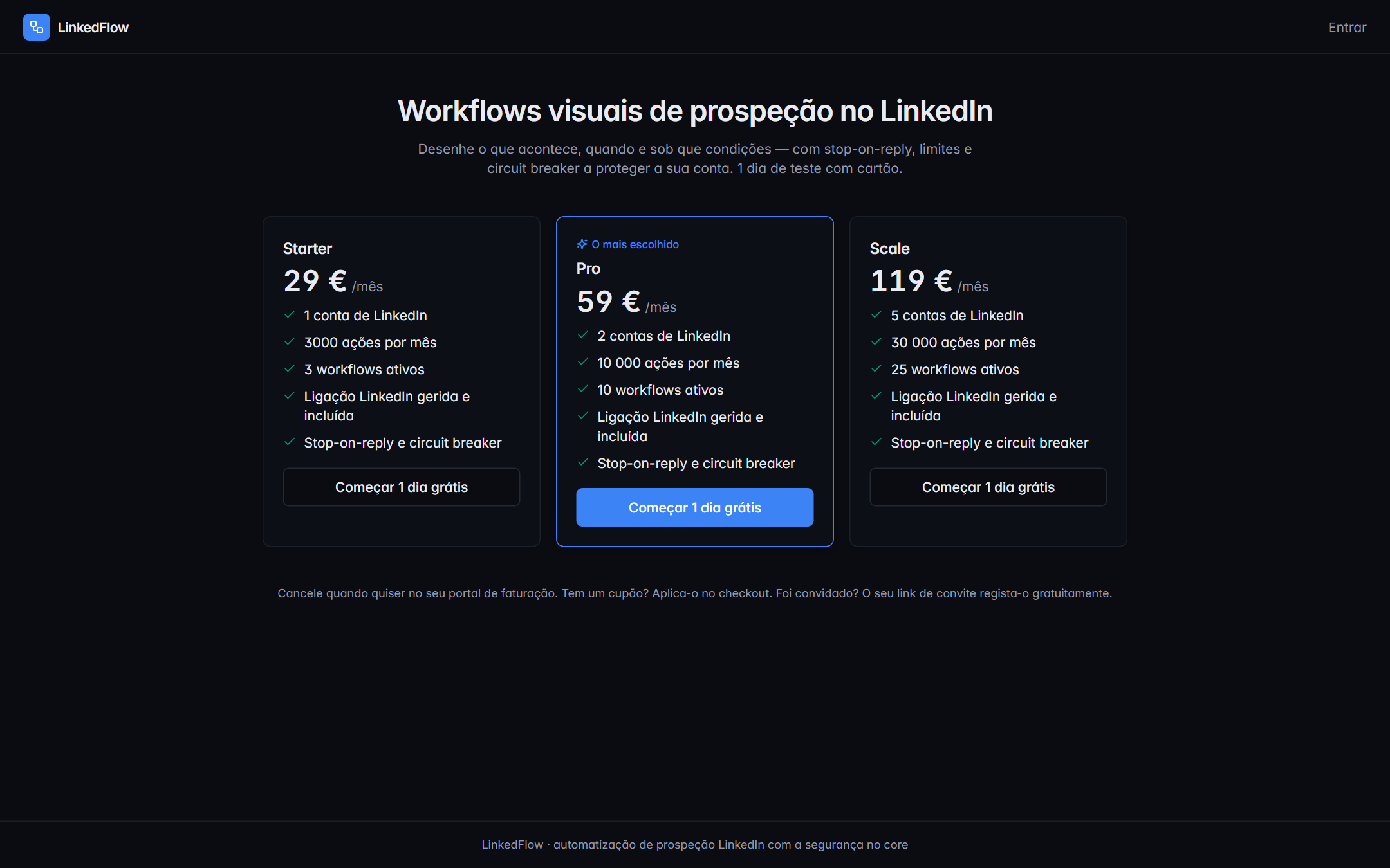 Página de preços com os três planos