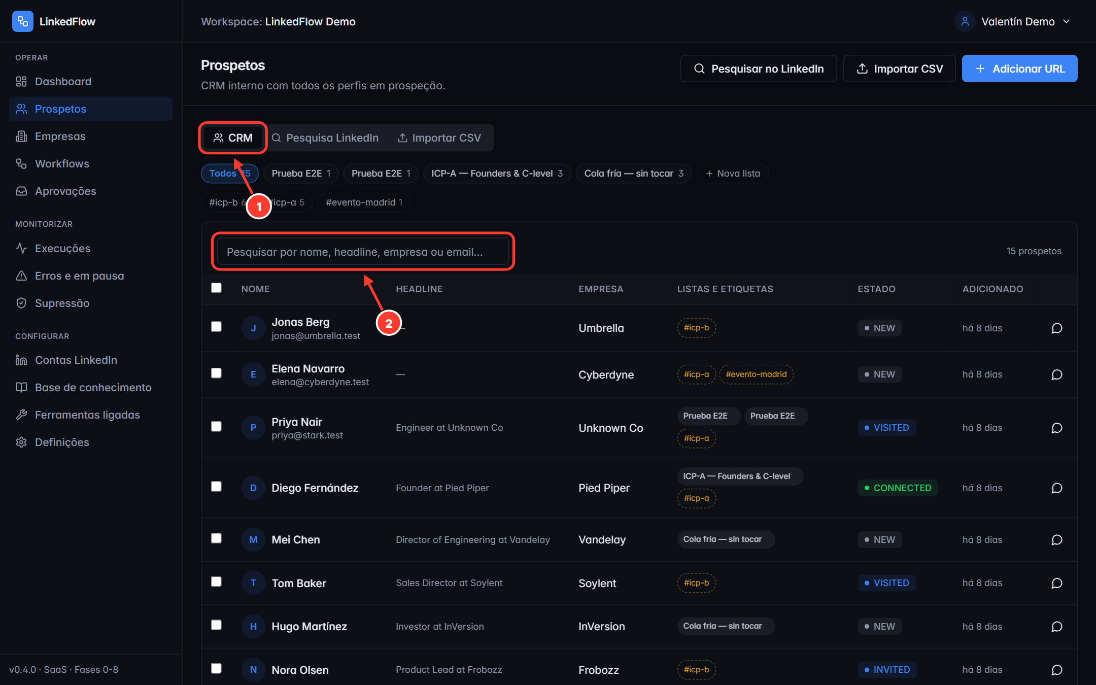 Separador CRM de prospetos com os separadores e o campo de pesquisa assinalados