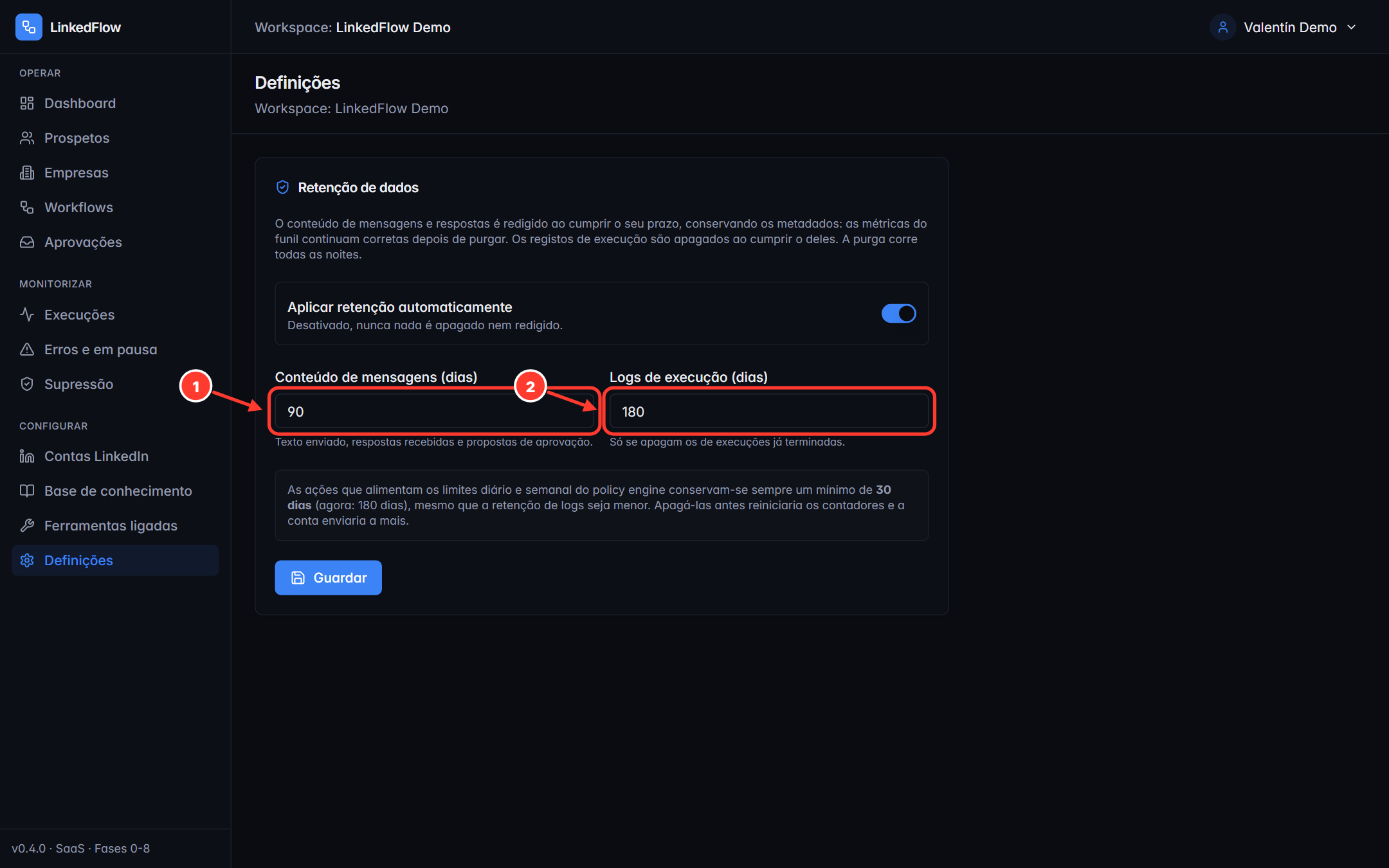 Definições do workspace com os campos de retenção assinalados